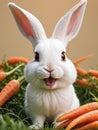 A cute white rabbit is smiling and standing facing the camera. The background is grass and surrounded by carrots Royalty Free Stock Photo
