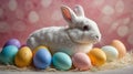 A cute white rabbit surrounded by colorful Easter eggs on a bed of straw Royalty Free Stock Photo