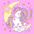 Cute white rainbow unicorn on the moon. Children`s vector illustration
