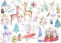 Big set cute watercolor cartoon animals and spruce tree. Watercolor hand drawn illustration. New Year 2020 holiday drawing Royalty Free Stock Photo