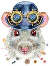 Watercolor portrait of white rat with hat bowler and steampunk glasses