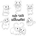 Cute white rats silhouettes, black thin lines animals, isolated characters of chinese zodiac