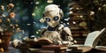 A cute white robot with artificial intelligence reading books in a library.