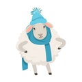 Cute white sheep character wearing blue knitted hat and scarf, funny humanized animal vector Illustration Royalty Free Stock Photo