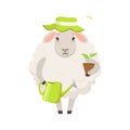 Cute white sheep character wearing green hat holding green watering can and flower pot, funny humanized animal vector Royalty Free Stock Photo