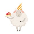 Cute white sheep character wearing party hat holding a plate with piece of cake, funny humanized animal vector