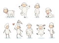 Cute white sheep collection. Cartoon funny sheeps in hand drawn style. Vector set of graphic design elements for kids