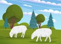 Cute white sheeps on meadow with green grass. Farm animals. country inhabitants grazing in pasture