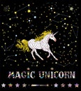 Cute white skittish unicorn on the cosmic background with asterisms. Vector illustration