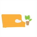 A cute white sleeping cat is lying on a cozy comfortable orange sofa, next to it is a pot with a monster flower.