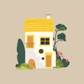 Cute white stone cottage house with yellow roof and garden tree. Small hut with chimney, porch and stairs isolated on beige