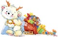 Cute white teddy bear Christmas and New Year background. watercolor illustration Royalty Free Stock Photo