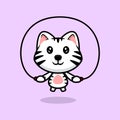 Cute white tiger workout on gym cartoon mascot