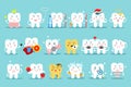 Cute White Tooth Character Holding Dental Floss, Toothbrush and Drinking Coffee Vector Set Royalty Free Stock Photo