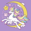 Cute white unicorn on the moon. Children's illustration. Vector