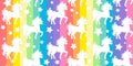 Cute white unicorns silhouette on rainbow colorful stripes seamless vector pattern background illustration Royalty Free Stock Photo