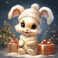 Cute White winter Bunny. Christmas. Digital illustration. Poster