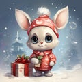 Cute White winter Bunny. Christmas. Digital illustration. Poster