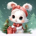 Cute White winter Bunny. Christmas. Digital illustration. Poster