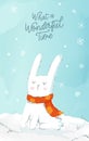 Cute white winter Bunny with orange scarf. Hand drawn vector illustration Royalty Free Stock Photo