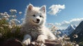 Cute white wolf cub on the mountain - Children\'s realistic illustration Royalty Free Stock Photo