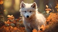 Cute White Wolf Cub Surrounded By Falling Fall Leaves Royalty Free Stock Photo