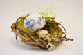 A cute wicker nest with a stingy egg and moss. Easter decoration. Moss. Quail egg