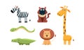 Cute wild African animals set, zebra, monkey, giraffe, snake, crocodile, lion, vector Illustration on a white background