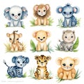 Cute wild animal cartoon style. Watercolor Drawing african baby wild animal on white background. Jungle safari animals and plants Royalty Free Stock Photo