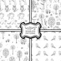 Set of doodles autumn woodland seamless patterns.