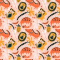 Cute wild animals and dinosaur. Seamless pattern design for kids fabrics and wallpapers. Vector zoo repeat background