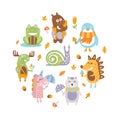 Cute Wild Animals of Round Shape, Snail, Moose, Unicorn, Bear, Raccoon, Hedgehog, Frog Forest Animals Banner Template