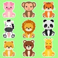 Cute wild animals set including lion, tiger, pig, bear, lioness, panda, monkey, zebra, and giraffe. Safari jungle animals vector.