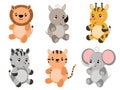 Cute wild animals set including lion, tiger, rino, zebra, giraffe, and elephant. Safari jungle animals vector. Woodland