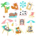 Cute animals taking rest on beach vector icon set