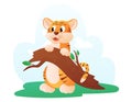 Cute wild baby tiger cub in the forest leaning on a tree branch. Vector isolated cartoon feline animal. Royalty Free Stock Photo