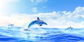 Cute wild dolphin jumping above the surface of a calm warm sea with sunlight Royalty Free Stock Photo