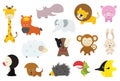 Cute wild and domestic animals cartoon stickers or icons set. Funny lion, bird, pig, giraffe, hedgehog, parrot, penguin Royalty Free Stock Photo