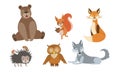 Cute Wild Forest Animals Set, Bear, Squirrel, Fox, Hedgehog, Owl, Wolf Vector Illustration