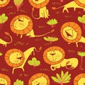 Cute wild lions background. Seamless pattern with doodle leo characters. Sketchy style vector illustration Royalty Free Stock Photo