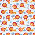 Cute wild lions background. Seamless pattern with doodle leo characters. Sketchy style vector illustration Royalty Free Stock Photo