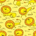 Cute wild lions background. Seamless pattern with doodle leo characters. Sketchy style vector illustration Royalty Free Stock Photo