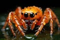 Cute wild spider sits on wet leaf on dark background, macro view. Close up portrait of scary small animal like insect in water Royalty Free Stock Photo