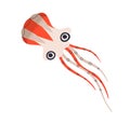 Cute wind air kite of octopus shape flying, floating. Kids paper squid toy with tentacles, eyes. Childish entertainment