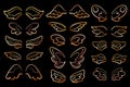 Cute wing in golden line art, vector illustration on black background. Golden wing of angel, butterfly, fairy