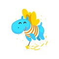 Cute winged hippo flying with a magic wand, fantasy fairy tale animal cartoon character vector Illustration
