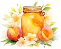 cute winged and jar of sweet sunny peach jam fantasy watercolor style image.