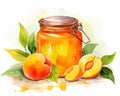 cute winged and jar of sweet sunny peach jam fantasy watercolor style image.