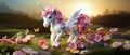 A Cute Winged unicorn playfully frolicking in an enchanted garden, the field is filled with charming flowers and enchanted