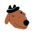 Cute winking dog wearing a hat. Happy smiling animal. Dog characters in vector hand drawn style, doodle illustrations